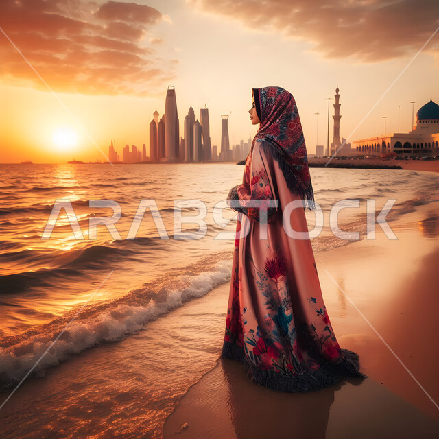 الرحلات الى المناطق الساحلية، الاستمتاع بالاجواء الصيف، رسوم توضيحية من الخلف لامرأة عربية خليجية سعودية محجبة ترتدي عباءة تسير على شاطئ البحر في وقت غروب الشمس
