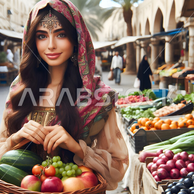 التجول في أسواق الخضار والفاكهة في السعودية, الاستمتاع بقضاء وقت ممتع في التسوق, رسوم توضيحية  لسيدة عربية خليجية سعودية  محجبة تنظر للكاميرا بإيماءات الثقة والسرور، اختيار الثمار الناضجة والطازجة, محاصيل زراعية ومنتجات محلية في المملكة