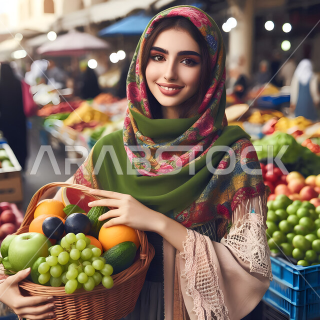 التجول في أسواق الخضار والفاكهة في السعودية, الاستمتاع بقضاء وقت ممتع في التسوق, رسوم توضيحية  لسيدة عربية خليجية سعودية  محجبة تنظر للكاميرا بإيماءات الثقة والسرور، اختيار الثمار الناضجة والطازجة, محاصيل زراعية ومنتجات محلية في المملكة