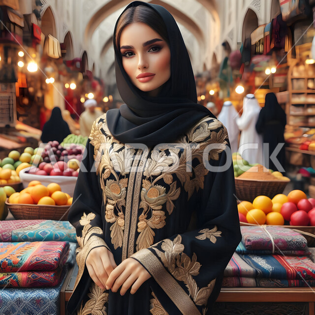 التجول في أسواق الخضار والفاكهة في السعودية, الاستمتاع بقضاء وقت ممتع في التسوق, رسوم توضيحية  لسيدة عربية خليجية سعودية  محجبة تنظر للكاميرا بإيماءات الثقة والسرور، اختيار الثمار الناضجة والطازجة, محاصيل زراعية ومنتجات محلية في المملكة