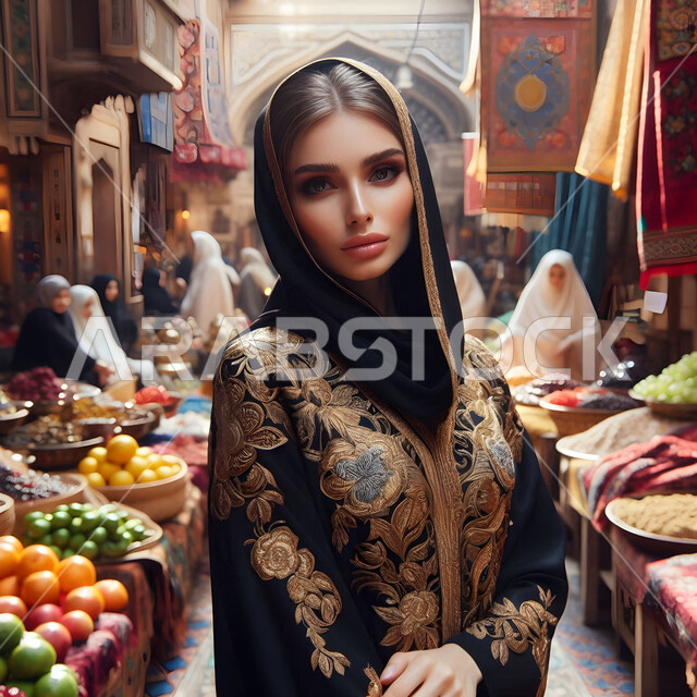 التجول في أسواق الخضار والفاكهة في السعودية, الاستمتاع بقضاء وقت ممتع في التسوق, رسوم توضيحية  لسيدة عربية خليجية سعودية  محجبة تنظر للكاميرا بإيماءات الثقة والسرور، اختيار الثمار الناضجة والطازجة, محاصيل زراعية ومنتجات محلية في المملكة