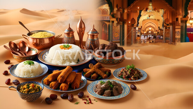 حلول موعد الإفطار عند اذان المغرب، سفرة مليئة بأصناف المأكولات والمقبلات الشهية، الوجبات والأطباق الرئيسية على مائدة الطعام، مطاعم ومطابخ المملكة العربية السعودية، أنواع الأطعمة الشرقية العربية في موائد رمضان المبارك