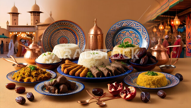 حلول موعد الإفطار عند اذان المغرب، سفرة مليئة بأصناف المأكولات والمقبلات الشهية، الوجبات والأطباق الرئيسية على مائدة الطعام، مطاعم ومطابخ المملكة العربية السعودية، أنواع الأطعمة الشرقية العربية في موائد رمضان المبارك