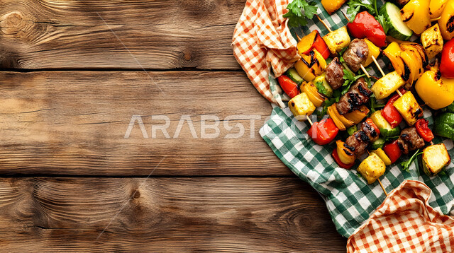 Assortment of grilled skewers including meat and vegetables, restaurants for oriental Arabic cuisine, close-up of a plate of grilled kebab skewers, grilled chicken recipes with various Saudi flavors, healthy foods and meals