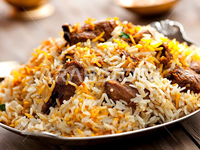 فنون تقديم الطعام في مطاعم المأكولات التقليدية الشرقية، طبق من أرز الكبسة اللذيذ مع قطع لحم الضأن المزين بالخضار، وصفات وأطباق طعام لذيذة صحية، أكلات شعبية عربية خليجية سعودية
