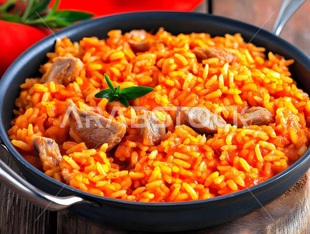 فنون تقديم الطعام في مطاعم المأكولات التقليدية الشرقية، طبق من أرز الكبسة اللذيذ مع قطع لحم الضأن المزين بالخضار، وصفات وأطباق طعام لذيذة صحية، أكلات شعبية عربية خليجية سعودية