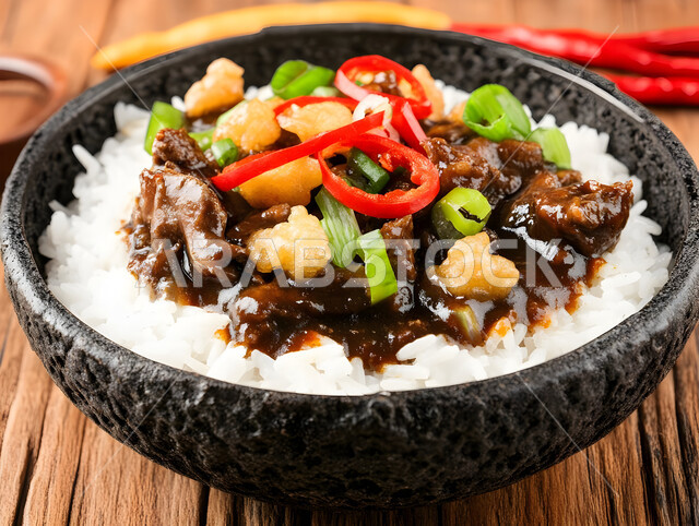 فنون تقديم الطعام في مطاعم المأكولات التقليدية الشرقية، طبق من أرز الكبسة اللذيذ مع قطع لحم الضأن المزين بالخضار، وصفات وأطباق طعام لذيذة صحية، أكلات شعبية عربية خليجية سعودية
