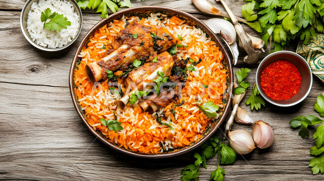 فنون تقديم الطعام في مطاعم المأكولات التقليدية الشرقية، طبق من أرز الكبسة اللذيذ مع قطع لحم الضأن المزين بالخضار، وصفات وأطباق طعام لذيذة صحية، أكلات شعبية عربية خليجية سعودية