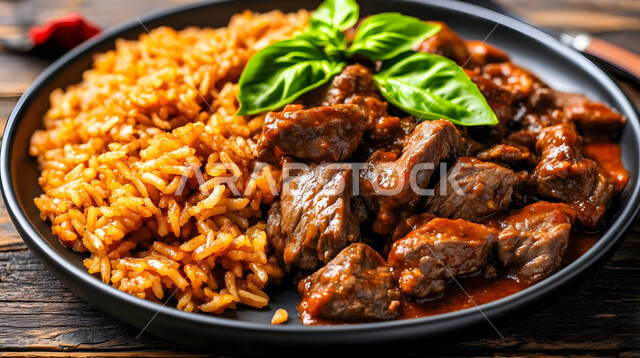 فنون تقديم الطعام في مطاعم المأكولات التقليدية الشرقية، طبق من أرز الكبسة اللذيذ مع قطع لحم الضأن المزين بالخضار، وصفات وأطباق طعام لذيذة صحية، أكلات شعبية عربية خليجية سعودية