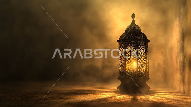 تحضير الديكورات والزينة لاستقبال رمضان المبارك، الابتهاج بالأجواء الرمضانية الروحانية، مصابيح و فوانيس عربية شعبية قديمة، الاحتفال بقدوم شهر الخير والبركة، فانوس معدني منقوش مضيء في وقت الليل، تصاميم و ومجسمات بزخارف دينية اسلامية