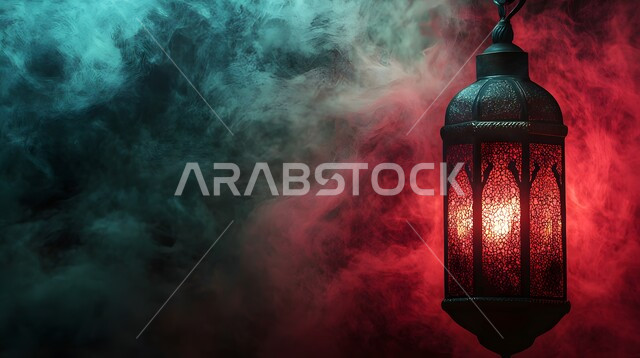 تحضير الديكورات والزينة لاستقبال رمضان المبارك، الابتهاج بالأجواء الرمضانية الروحانية، مصابيح و فوانيس عربية شعبية قديمة، الاحتفال بقدوم شهر الخير والبركة، فانوس معدني منقوش مضيء في وقت الليل، تصاميم و ومجسمات بزخارف دينية اسلامية