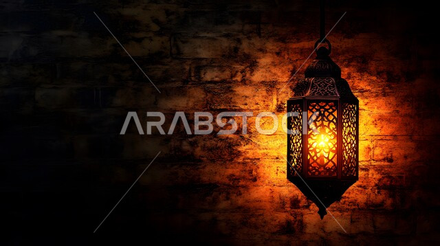 تحضير الديكورات والزينة لاستقبال رمضان المبارك، الابتهاج بالأجواء الرمضانية الروحانية، مصابيح و فوانيس عربية شعبية قديمة، الاحتفال بقدوم شهر الخير والبركة، فانوس معدني منقوش مضيء في وقت الليل، تصاميم و ومجسمات بزخارف دينية اسلامية