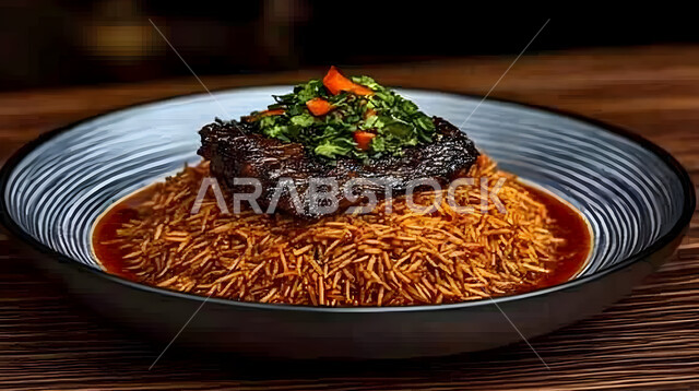 A plate of delicious Kabsa rice with pieces of lamb garnished with vegetables, the art of serving food in traditional oriental food restaurants, delicious healthy food recipes and dishes, popular Saudi Arabian Gulf foods