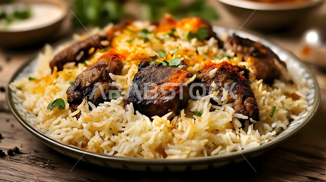 طبق من أرز الكبسة اللذيذ مع قطع لحم الضأن المزين بالخضار، فنون تقديم الطعام في مطاعم المأكولات التقليدية الشرقية، وصفات وأطباق طعام لذيذة صحية، أكلات شعبية عربية خليجية سعودية