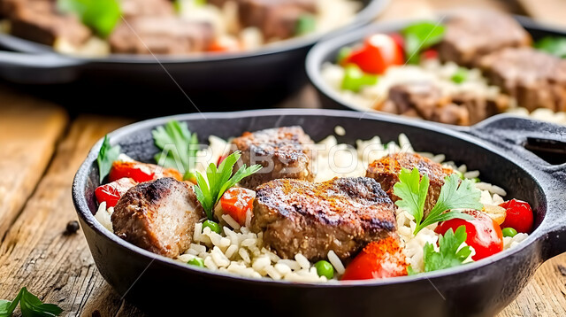 طبق من أرز الكبسة اللذيذ مع قطع لحم الضأن المزين بالخضار، فنون تقديم الطعام في مطاعم المأكولات التقليدية الشرقية، وصفات وأطباق طعام لذيذة صحية، أكلات شعبية عربية خليجية سعودية