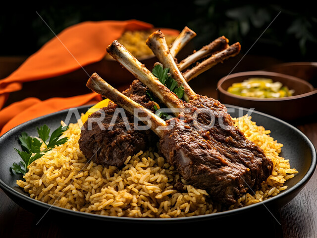 طبق من أرز الكبسة اللذيذ مع قطع لحم الضأن المزين بالخضار، فنون تقديم الطعام في مطاعم المأكولات التقليدية الشرقية، وصفات وأطباق طعام لذيذة صحية، أكلات شعبية عربية خليجية سعودية