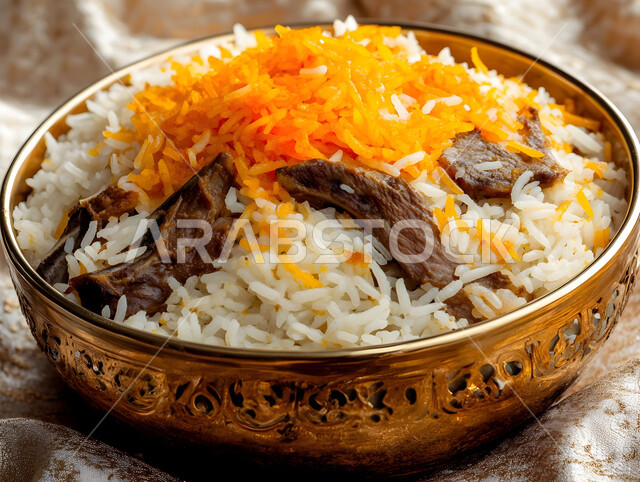 طبق من أرز الكبسة اللذيذ مع قطع لحم الضأن المزين بالخضار، فنون تقديم الطعام في مطاعم المأكولات التقليدية الشرقية، وصفات وأطباق طعام لذيذة صحية، أكلات شعبية عربية خليجية سعودية