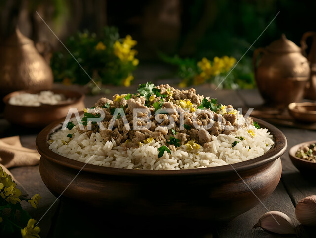 طبق من أرز الكبسة اللذيذ مع قطع لحم الضأن المزين بالخضار، فنون تقديم الطعام في مطاعم المأكولات التقليدية الشرقية، وصفات وأطباق طعام لذيذة صحية، أكلات شعبية عربية خليجية سعودية