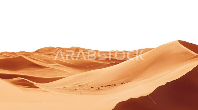 التضاريس و المرتفعات والقمم في البراري، التكوينات والتشكلات الرملية في صحراء المملكة العربية السعودية, مناطق البادية والبيئة الصحراوية في النهار, رسم توضيحي للكثبان والتلال من الرمال الناعمة الذهبية