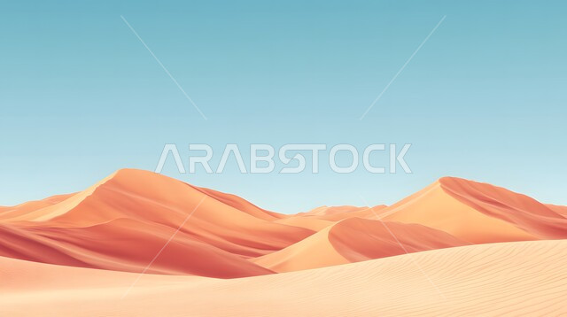 التضاريس و المرتفعات والقمم في البراري، التكوينات والتشكلات الرملية في صحراء المملكة العربية السعودية, مناطق البادية والبيئة الصحراوية في النهار, رسم توضيحي للكثبان والتلال من الرمال الناعمة الذهبية