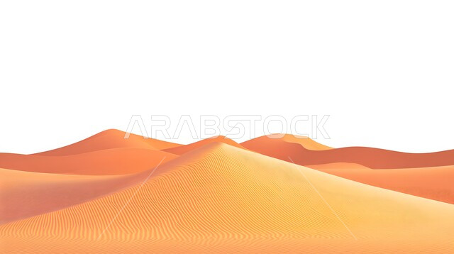 التضاريس و المرتفعات والقمم في البراري، التكوينات والتشكلات الرملية في صحراء المملكة العربية السعودية, مناطق البادية والبيئة الصحراوية في النهار, رسم توضيحي للكثبان والتلال من الرمال الناعمة الذهبية