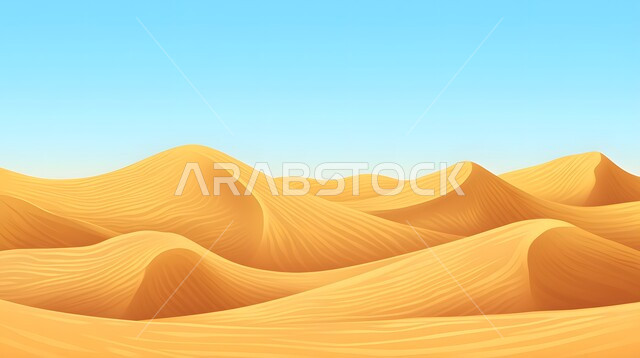 التضاريس و المرتفعات والقمم في البراري، التكوينات والتشكلات الرملية في صحراء المملكة العربية السعودية, مناطق البادية والبيئة الصحراوية في النهار, رسم توضيحي للكثبان والتلال من الرمال الناعمة الذهبية