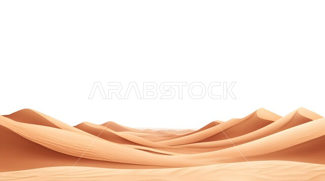 التضاريس و المرتفعات والقمم في البراري، التكوينات والتشكلات الرملية في صحراء المملكة العربية السعودية, مناطق البادية والبيئة الصحراوية في النهار, رسم توضيحي للكثبان والتلال من الرمال الناعمة الذهبية