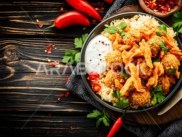 وجبات الطعام السريعة, الكرات المقرمشة مع الخضروات، طبق مليئ بقطع دجاج الكريسبي الشهي مع الارز، مأكولات غير صحية , مطاعم المملكة العربية السعودية