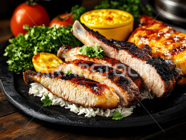 الأساليب الفنية في التقديم في مطاعم المملكة العربية السعودية, مأكولات شرقية تقليدية, وصفات الطعام السريعة و اللذيذة, الأطباق و الوجبات الشهية, صورة مقربة لطبق ارز مع قطع الدجاج الشهي