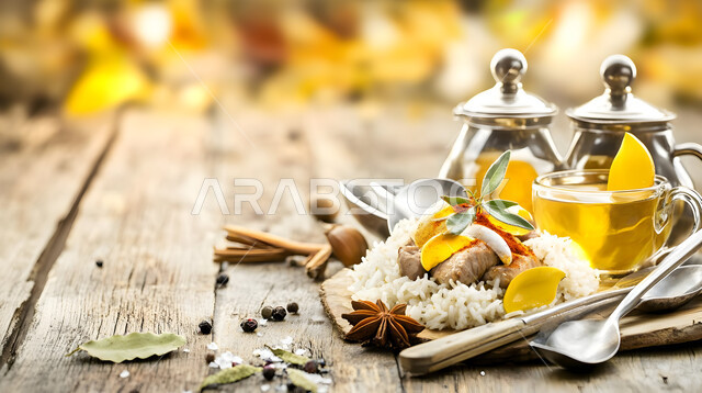 فنون تقديم الطعام في مطاعم المأكولات التقليدية الشرقية، طبق من أرز الكبسة اللذيذ مع قطع اللحم، وصفات وأطباق طعام لذيذة صحية، أكلات شعبية عربية خليجية سعودية، كأس من الشاي المنكه بالليمون