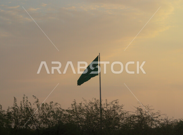Saudi national occasions, the banner of monotheism and Islam flutters in the sky of the Kingdom, remembering the Saudi National Day on September 8, a close-up of the Saudi national flag on Flag Day on March 11, there is no god but Allah, Muhammad is the Messenger of Allah, blue sky background