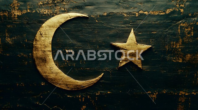 البهجة بقدوم شهر الخير، ديكورات وزينة رمضان المبارك، مجسم ثلاثي الابعاد لهلال ونجمة باللون الذهبي ،ديكور وتصميم اسلامي، الاحتفال بالمناسبات والأعياد الدينية
