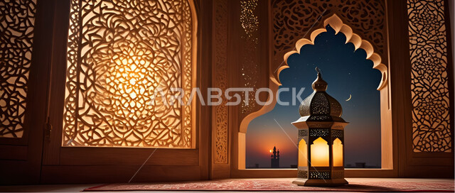 الفوانيس العربية المزخرفة المضيئة، الاجواء الرمضانية الروحانية، الاحتفال بقدوم شهر الخير, مفهوم العبادة والطاعة والتقرب الى الله، زينة وديكورات على الطراز العربي الاسلامي للاعياد والمناسبات الدينية