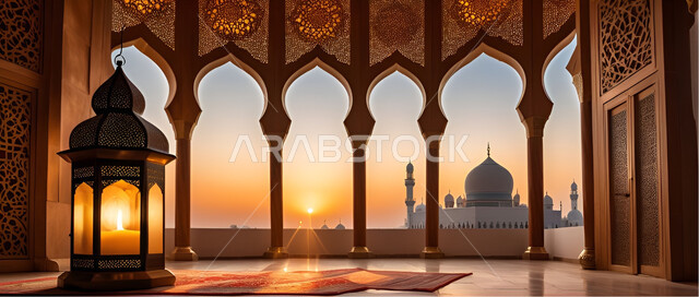 Spiritual Ramadan atmosphere, illuminated Arabic lanterns, celebrating the arrival of the month of goodness, the concept of worship, obedience and drawing closer to God, decorations and ornaments in the Arab-Islamic style for religious holidays and occasions