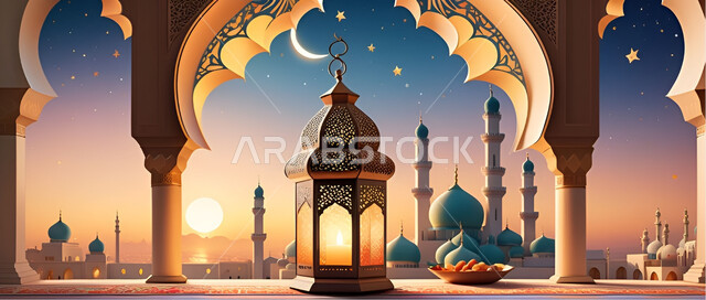 الفوانيس العربية المزخرفة المضيئة، الاجواء الرمضانية الروحانية، الاحتفال بقدوم شهر الخير, مفهوم العبادة والطاعة والتقرب الى الله، زينة وديكورات على الطراز العربي الاسلامي للاعياد والمناسبات الدينية