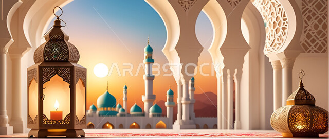 الاحتفال بقدوم شهر الخير, الاجواء الرمضانية الروحانية، الفوانيس العربية المزخرفة المضيئة، مفهوم العبادة والطاعة والتقرب الى الله، زينة وديكورات على الطراز العربي الاسلامي للاعياد والمناسبات الدينية