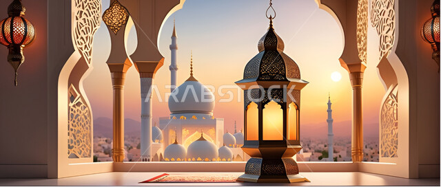 الاجواء الرمضانية الروحانية، الفوانيس العربية المزخرفة المضيئة، الاحتفال بقدوم شهر الخير, مفهوم العبادة والطاعة والتقرب الى الله، زينة وديكورات على الطراز العربي الاسلامي للاعياد والمناسبات الدينية