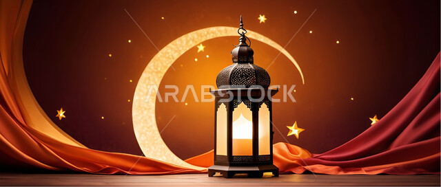 Decorative Arabic lanterns, spiritual Ramadan atmosphere, celebrating the arrival of the month of goodness, the concept of worship, obedience and drawing closer to God, decorations and ornaments in the Arabic-Islamic style for religious holidays and occasions