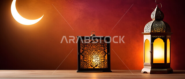 Spiritual Ramadan atmosphere, illuminated Arabic lanterns, celebrating the arrival of the month of goodness, the concept of worship, obedience and drawing closer to God, decorations and ornaments in the Arab-Islamic style for religious holidays and occasions