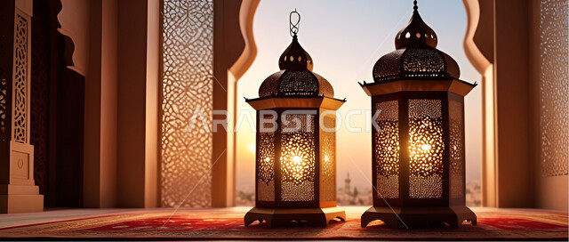 الاجواء الرمضانية الروحانية، الفوانيس العربية المزخرفة المضيئة، الاحتفال بقدوم شهر الخير, مفهوم العبادة والطاعة والتقرب الى الله، زينة وديكورات على الطراز العربي الاسلامي للاعياد والمناسبات الدينية