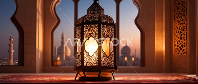 الاجواء الرمضانية الروحانية، الفوانيس العربية المزخرفة المضيئة، الاحتفال بقدوم شهر الخير, مفهوم العبادة والطاعة والتقرب الى الله، زينة وديكورات على الطراز العربي الاسلامي للاعياد والمناسبات الدينية