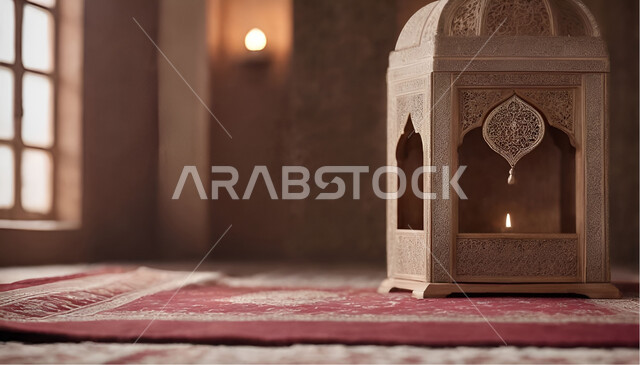 مفهوم العبادة والطاعة والتقرب الى الله، الاحتفال بقدوم شهر الخير, الاجواء الرمضانية الروحانية، فانوس عربي مزخرف مضيئ موضوع على الارض، زينة وديكورات على الطراز العربي الاسلامي للاعياد والمناسبات الدينية