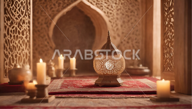 فانوس عربي مزخرف مضيئ موضوع على الارض، مفهوم العبادة والطاعة والتقرب الى الله، الاحتفال بقدوم شهر الخير, الاجواء الرمضانية الروحانية، زينة وديكورات على الطراز العربي الاسلامي للاعياد والمناسبات الدينية