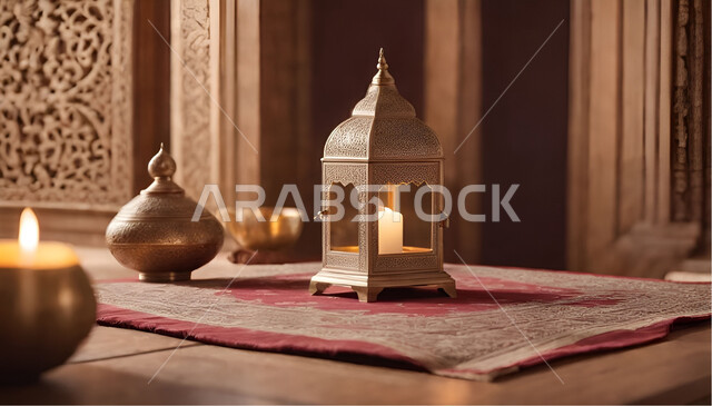 مفهوم العبادة والطاعة والتقرب الى الله، الاحتفال بقدوم شهر الخير, الاجواء الرمضانية الروحانية، فانوس عربي مزخرف مضيئ موضوع على الارض، زينة وديكورات على الطراز العربي الاسلامي للاعياد والمناسبات الدينية