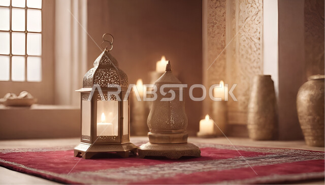 مفهوم العبادة والطاعة والتقرب الى الله، الاحتفال بقدوم شهر الخير, الاجواء الرمضانية الروحانية، فانوس عربي مزخرف مضيئ موضوع على الارض، زينة وديكورات على الطراز العربي الاسلامي للاعياد والمناسبات الدينية