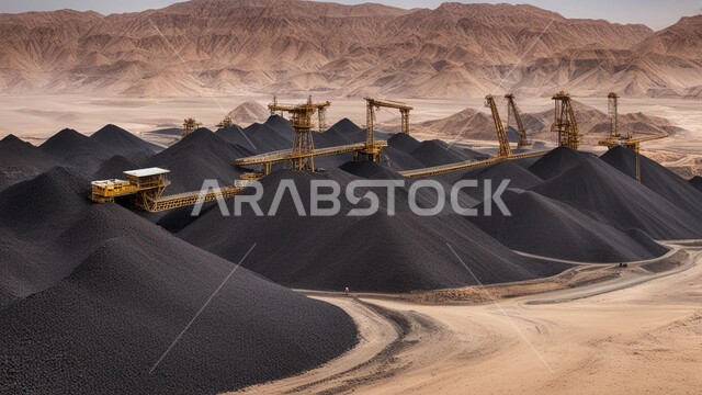 مناطق التنقيب عن الثروات الباطنية، كميات ضخمة من انتاج الفحم، أماكن مناجم الفحم الطبيعي، سيارات شحن وآليات ثقيلة تقوم بالعمل في موقع التعدين، الطبيعة الصخرية في المملكة العربية السعودية