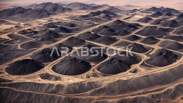 مناطق التنقيب عن الثروات الباطنية، كميات ضخمة من انتاج الفحم، أماكن مناجم الفحم الطبيعي، سيارات شحن وآليات ثقيلة تقوم بالعمل في موقع التعدين، الطبيعة الصخرية في المملكة العربية السعودية