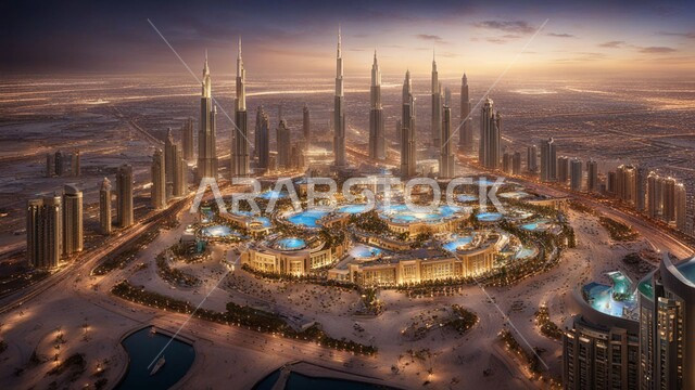 منظر تخيلي للتقدم والنمو العمراني، التصاميم والفنون المعمارية الحديثة للأبراج وناطحات السحاب، بناء مستقبل حضاري متطور في دبي، المباني والمنشآت التجارية الشاهقة، مفهوم تطوير وتحسين البنية التحتية، رؤية مستقبلية2031 