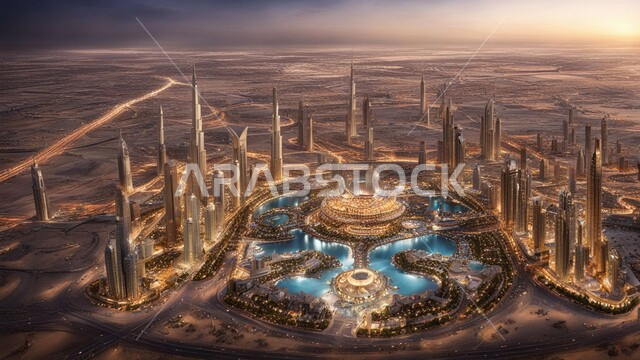 منظر تخيلي للتقدم والنمو العمراني، التصاميم والفنون المعمارية الحديثة للأبراج وناطحات السحاب، بناء مستقبل حضاري متطور في دبي، المباني والمنشآت التجارية الشاهقة، مفهوم تطوير وتحسين البنية التحتية، رؤية مستقبلية2031 