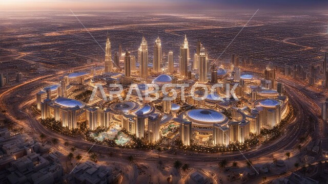 منظر تخيلي للتقدم والنمو العمراني، التصاميم والفنون المعمارية الحديثة للأبراج وناطحات السحاب، بناء مستقبل حضاري متطور في دبي، المباني والمنشآت التجارية الشاهقة، مفهوم تطوير وتحسين البنية التحتية، رؤية مستقبلية2031 